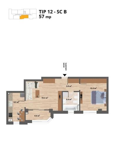 Proiect NOU -- Sun Residence -- Apartament 2 camere - TIP 12 - 57 Mp