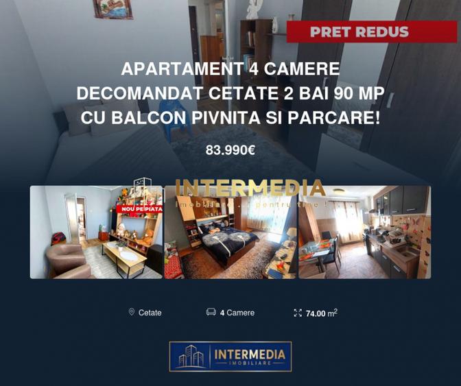 Apartament 4 camere decomandat Cetate 2 bai 90 mp cu balcon pivnita si parcare!