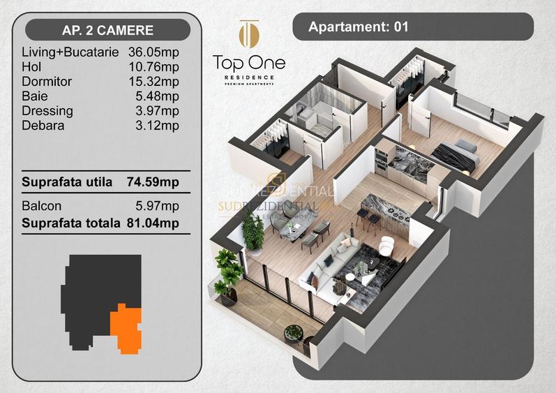 Apartament premium, 81 mp, 2 camere, dressing, balcon, Comision 0% - 1