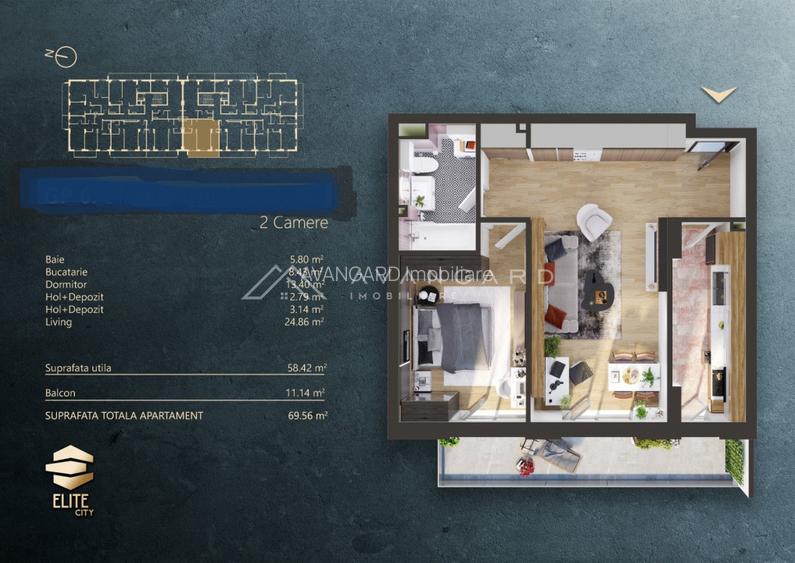 | Apartament 2 camere | 58 mp + 11 mp balcon | Parcare subterana | Elite City | - 8