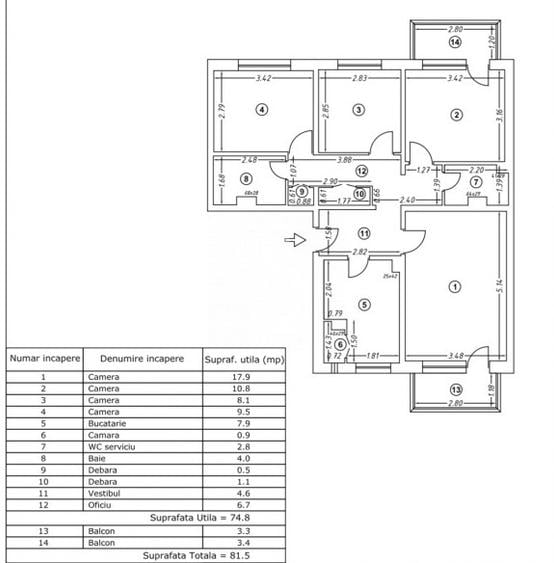 Apartament cu 4 camere | 81,5 mp | 2 bai | 2 Balcoane | Dunavat 14 | De Renovat