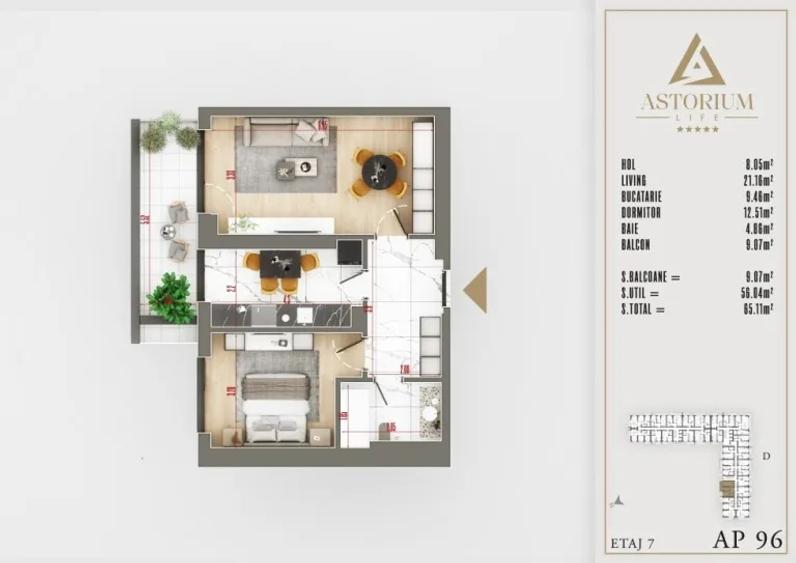 2 camere Astorium Life | 56,04 mp utili + balcon 9,07 mp | Comision 0%
