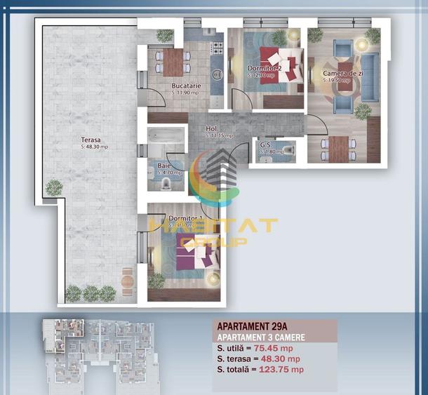 Pallady 3 camere 76 mp + terasa 48 mp bloc tip Boutique