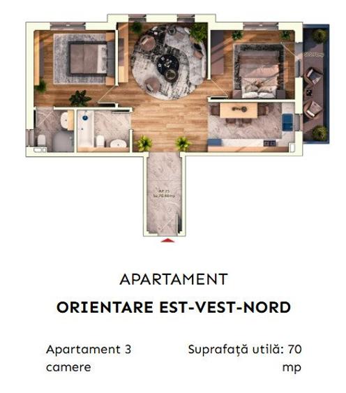 Apartament 3 camere, 70 mp, balcon, parcare subterana