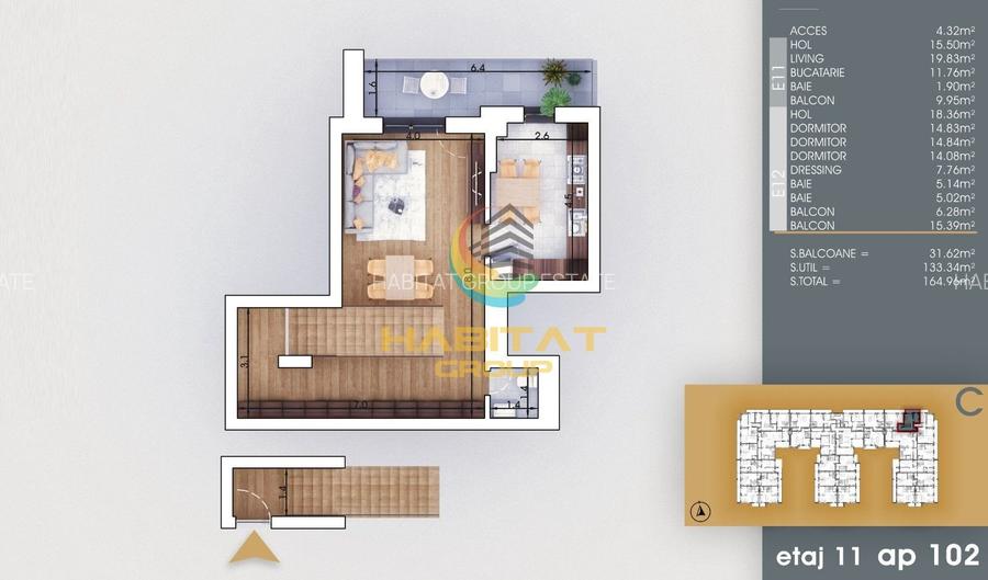 Pallady 4 camere tip duplex 165 mp la 8 minute metrou Teclu