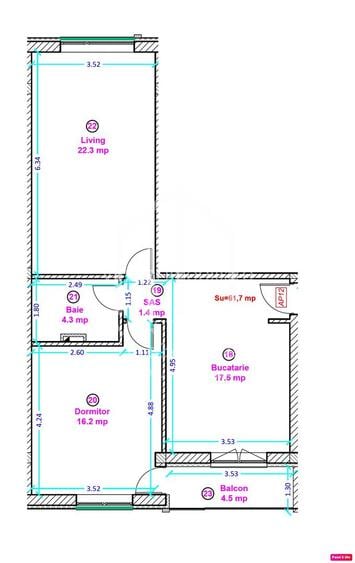 Apartament 2 camere - 61.7  mp, + balcon - Shopping City Sibiu - 2