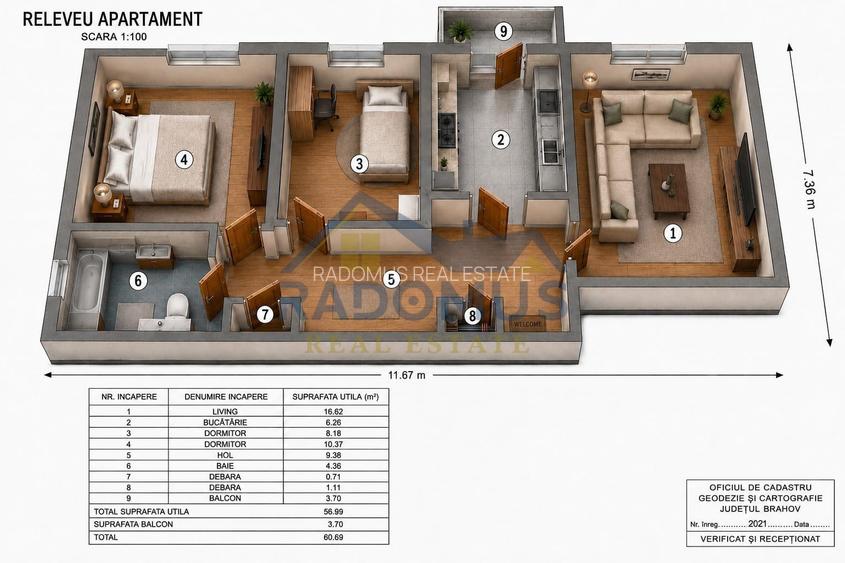 Decomandat -3 Camere - Grădină – 9 Mai - 61 Mp Utili - An 1990 -Parter - 1