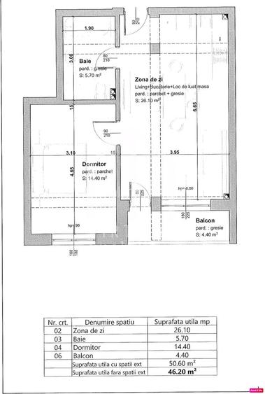 Apartament 2 camere - 46,20 mp. si balcon de 4,40 mp - Loc de parcare - 2