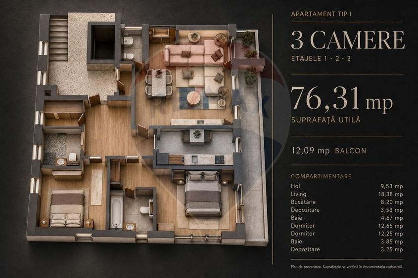 Apartament nou cu 3 camere și balcon de 12,09 mp | Tractorul