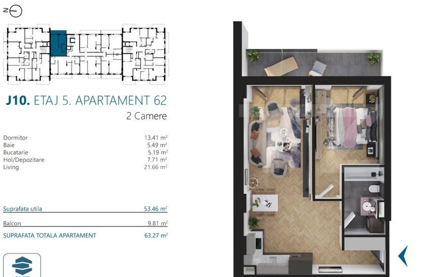 Apartament cu 2 camere, 53 mp, Ansamblu Rezidential, zona RIVUS - 2