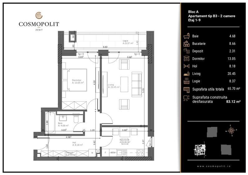 Apartament 2 camere Cosmopolit Zenit, Bloc A - 8