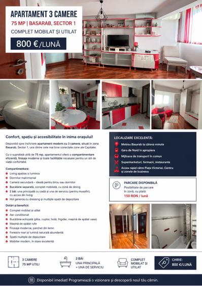 Apartament 3 camere | 88 mp | - Sector 1 | Complet mobilat și utilat |