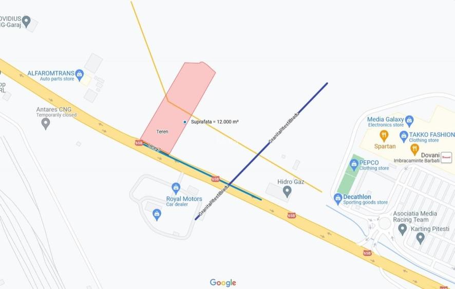 Teren in zona comerciala | Vama Pitesti |  S: 12.000 mp | Deschidere 65m | Autos - 4