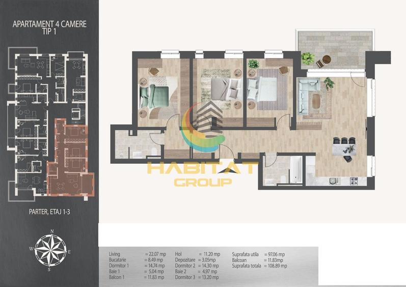 Pallady  4 camere 97 mp + terasa 12 mp 8 min. metrou N.Teclu
