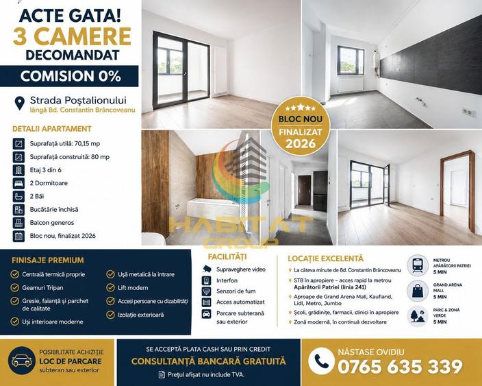 ACTE GATA! COMISION 0% | Apartament 3 Camere Decomandat
