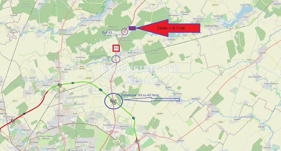 Teren 9Ha -> 16Ha Ha Intravilan , Exit A3 Snagov Ghermanesti Bucuresti-Ploiesti - 10