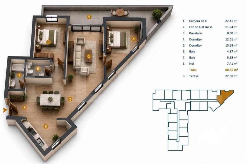Apartament 3 camere 88 mp Terasa 22 mp etaj intermediar, Între Lacuri