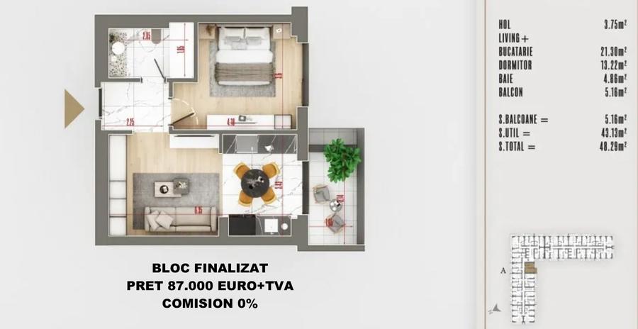 2 Camere tip Studio | 48 mp utili | Bloc nou 2025 | Pallady | 0%