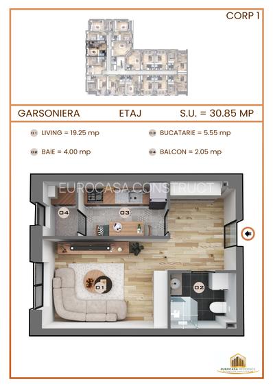 Garsoniera de vanzare, decomandata, Eurocasa Residence, comision 0% - 2