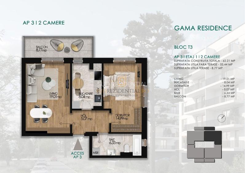 Gama Residence  -  Apartament de vanzare cu 2 camere, decomandat - 1