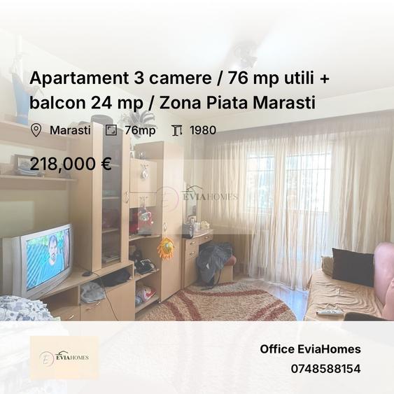 Apartament 3 camere / 76 mp utili + balcon 24 mp / Zona Piata Marasti