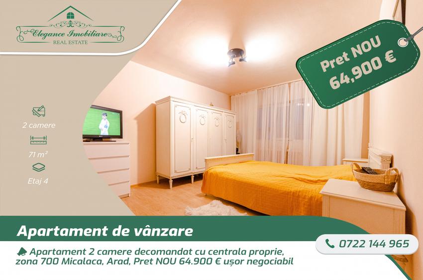 Apartament 2 camere decomandat cu centrala proprie, zona 700 Micalaca, Arad