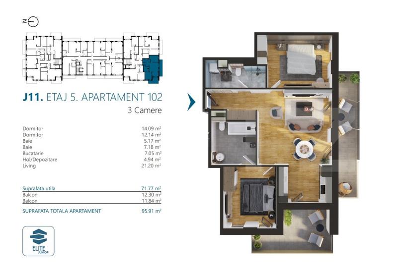 Apartament cu 3 camere, 72 mp, Ansamblu Rezidential, zona RIVUS - 2