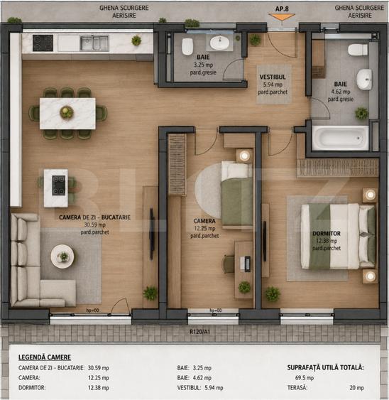 Apartament 3 camere, 69.50 mp, zona Tudor