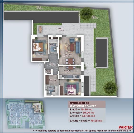 AP. 3CAM DECOMANDAT + GRADINA 70MP / BLOC P+4. COMISION 0%! - 4