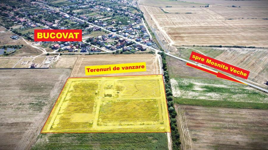 Terenuri intre Mosnita si Bucovat, cu gaz, apa, curent– 62 euro/mp+TVA