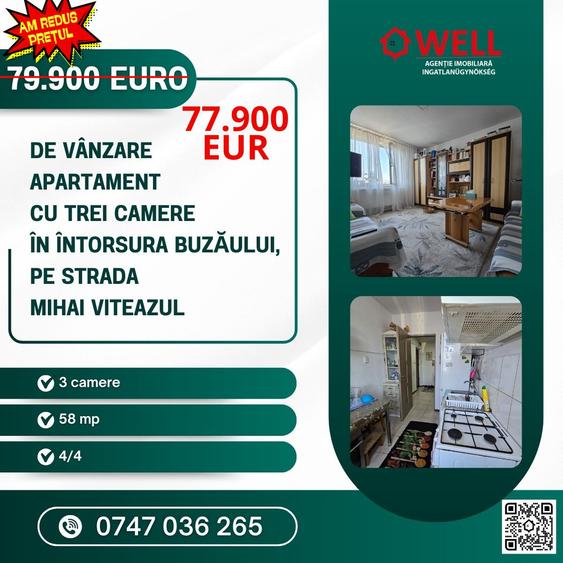 De vânzare apartament cu trei camere în Întorsura Buzăului, pe strada Mihai Vite