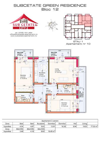 Apartament 3 camere | 77,5 mp | 3 balcoane | Subcetate City 2