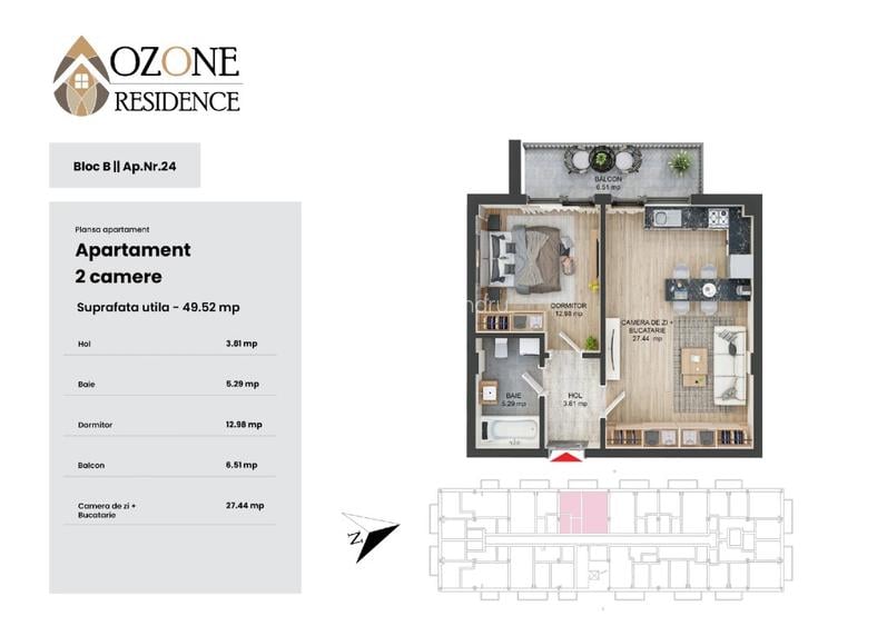 Ap. 2 camere Tractorul - Ozone Resedince – etaj 2, balcon, direct proprietar  - 6