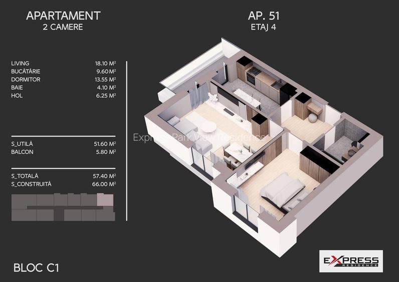 Apartament cu 2 camere, imobil nou,57.4 mp, Express Residence – Metalurgiei Park - 1