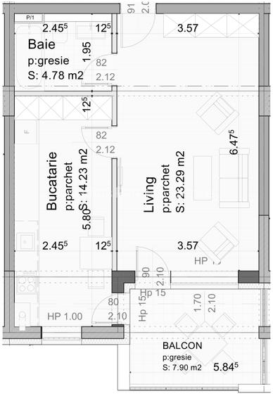 garsoniera, 42 mp + min. 8 mp balcon, TVA inclus 21%, 2027 - 1