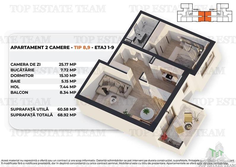 Apartament 2 camere intr-un bloc nou, modern, 61mp utili + balcon, la 15 minute