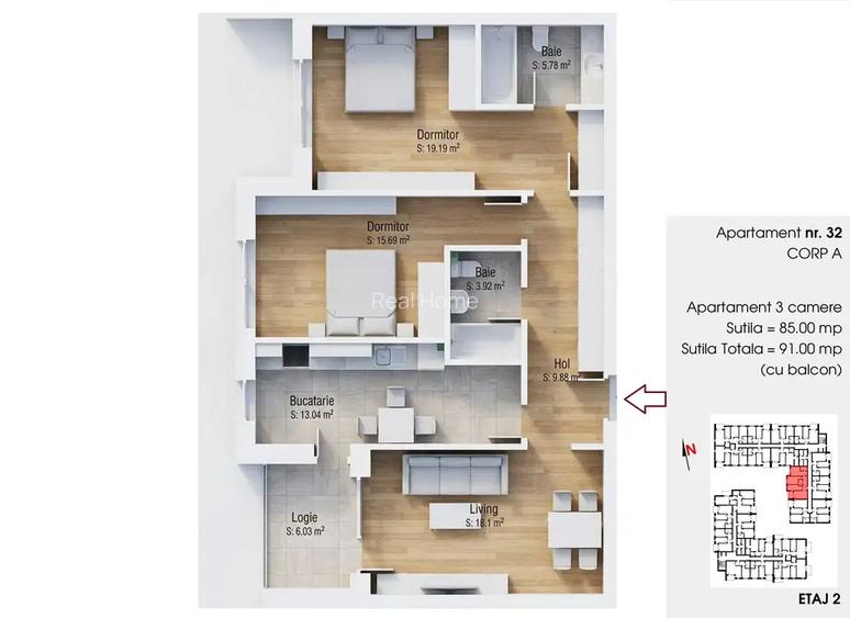Apartament 3 camere etaj 2 / 85mp utili/ vest / centrala/ Metrou 1 Dec - 2