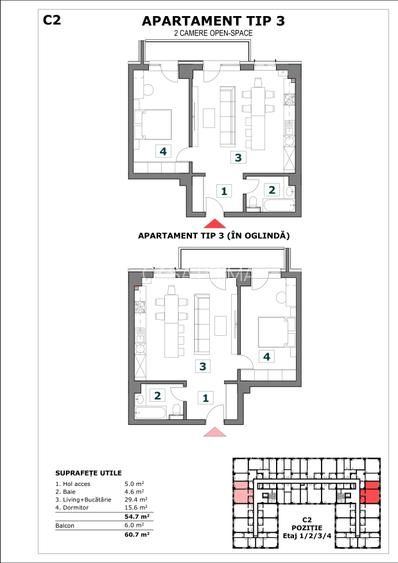 Apartament 2 camere, 61 mp, bloc nou Bucium, parcare subterana - 3