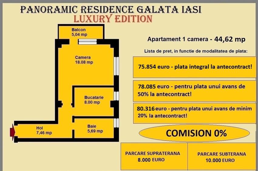 Apartament 1 camera de vanzare in Iasi, Galata, 44,62 mp, baie cu geam