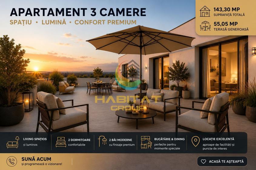Vânzare Apartament 3 camere cu terasa | 143 mp total | Popești-Leordeni