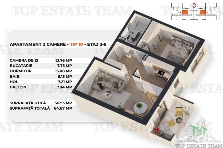 Apartament 2 camere in bloc nou | 64.87mp | Zona Antiaeriana - 2