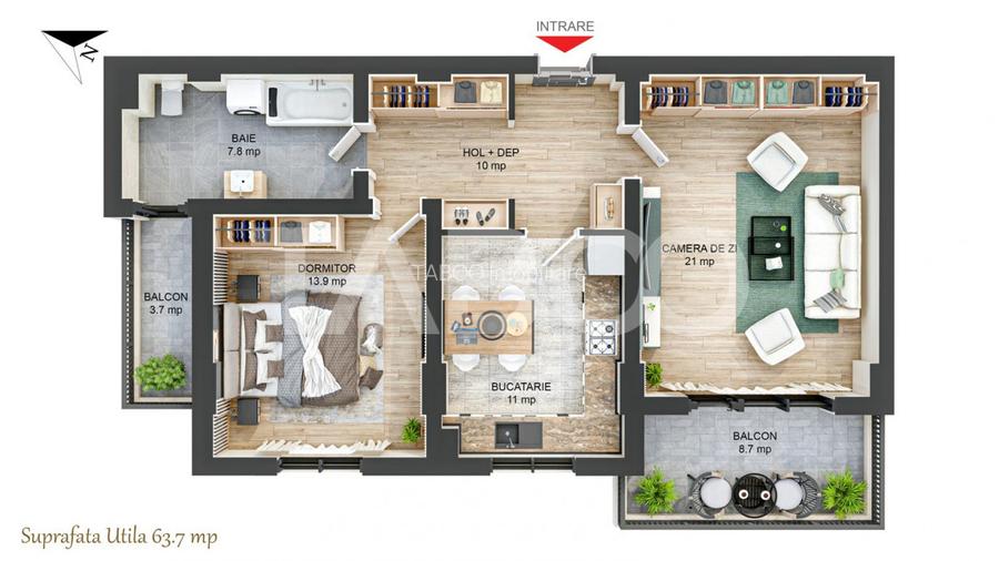 Apartament decomandat 2 camere 64 mpu 2 balcoane 12 mp Rahovei Sibiu - 1