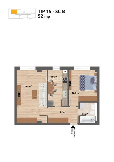 Proiect NOU -- Sun Residence -- Apartament 2 camere - TIP 15 -52 Mp - 2