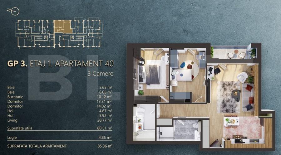 Ap. 3 camere[80 mp] Ansamblu Rezidential_zona RIVUS - 2