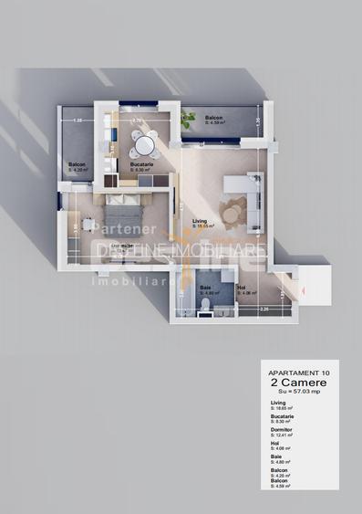 Apartament 2 camere 57 mp 2 balcoane etaj 1 - 8