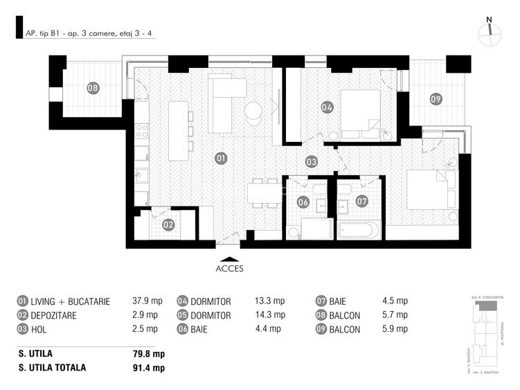 Antracit Coandă | Bucătărie închisă | Bloc boutique  | 91 mp utili - 2