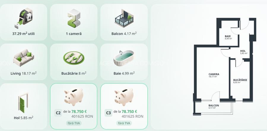 Apartament 1Cam, 78.640 euro+TVA, 41,6mp - 13