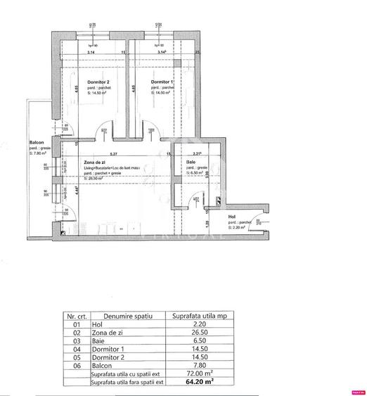 Apartament 3 camere - 64,20 mp utili si balcon  - Loc de parcare - 1