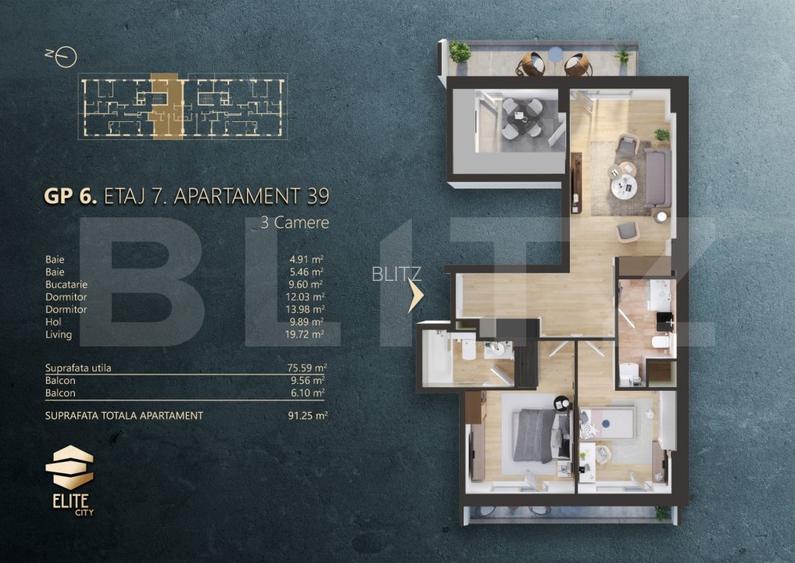 Ap. 3 camere[76 mp] Ansamblu Rezidential_zona RIVUS - 2