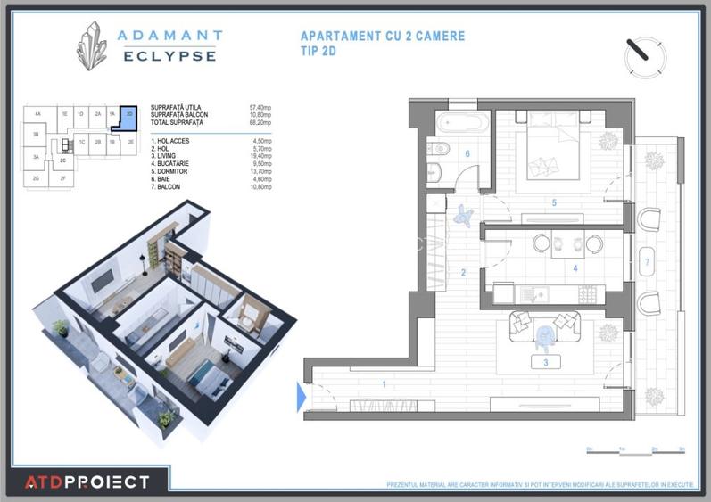 ADAMANT ECLYPSE, 2 camere decomandat, TIP 2D, 68.2mp - 2